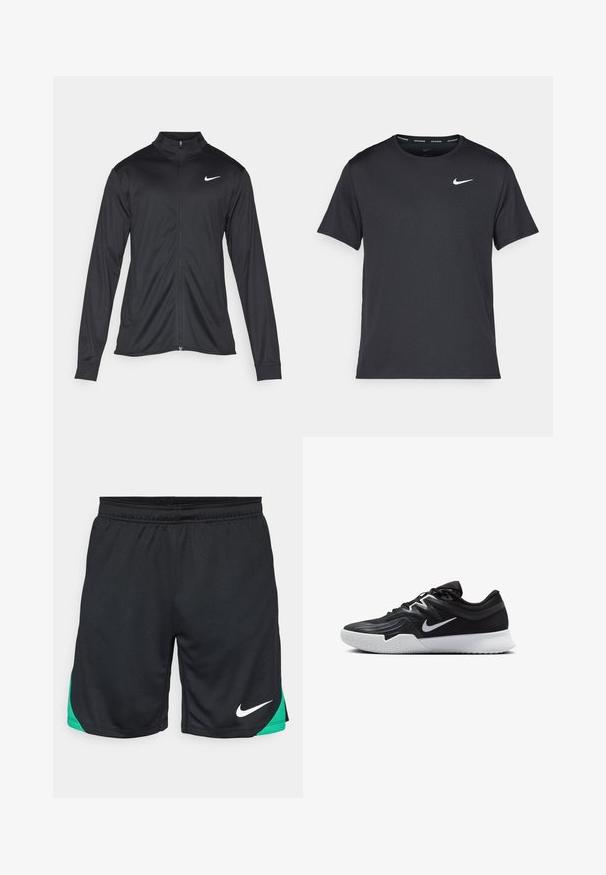 Melna sporta jaka ar garām piedurknēm, apkakli un pilnu rāvējslēdzēju. Uz kreisā krūts augšdaļas ir maigs Nike logo baltā krāsā. Gluda tekstūra.; Melna Nike skriešanas T-kreklā, kas izgatavots no viegla un elpojoša materiāla, ar īsām piedurknēm un mazu baltu logo uz krūtīm.; Nike Performance STRIKE SHORT - Sporta šorti - black/stadium green/white; Melni sporta apavi ar teksturētu virsu, balto Nike zulumu un balto gumijas zoli. Iezīmējas ar auklu pievilkšanas dizainu un dinamisku formu.
