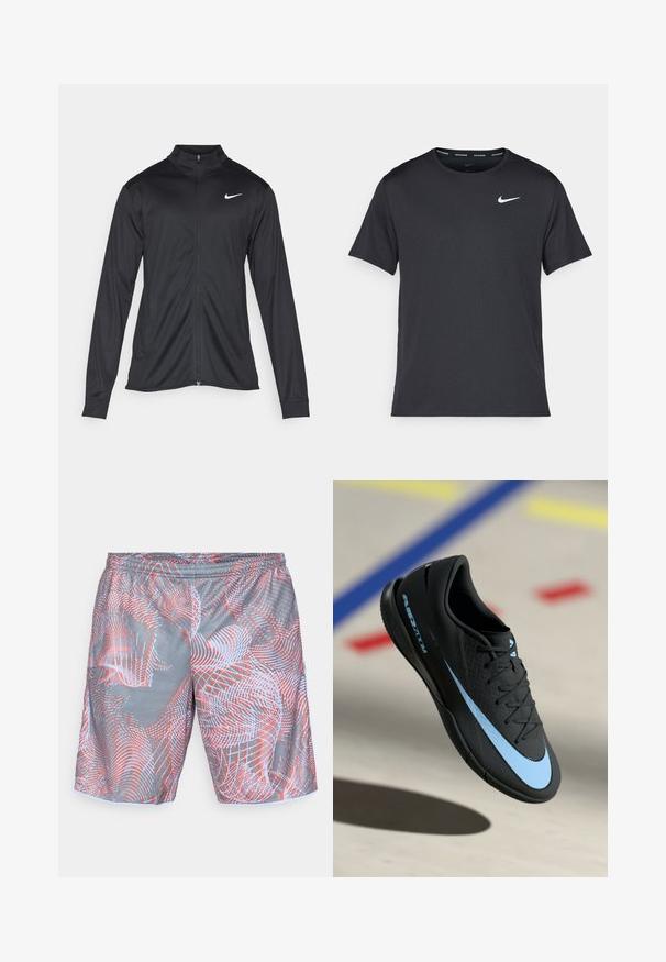 Jachetă sportivă neagră cu mâneci lungi, guler și fermoar complet. Prezintă un logo Nike subtil, alb, pe pieptul din stânga sus. Textură netedă.; Tricou de alergare Nike negru, fabricat dintr-un material ușor și respirabil, cu mâneci scurte și un mic logo alb pe piept.; Șorturi atletice gri cu un nasture elastic, având un model abstract de linii curbe roșii și albastre deschise, împreună cu puncte.; Pantof de sport negru cu accente albastre, suprafață texturată, design cu șireturi și logo-ul distinctiv Nike. Talpă din cauciuc cu modele de aderență.