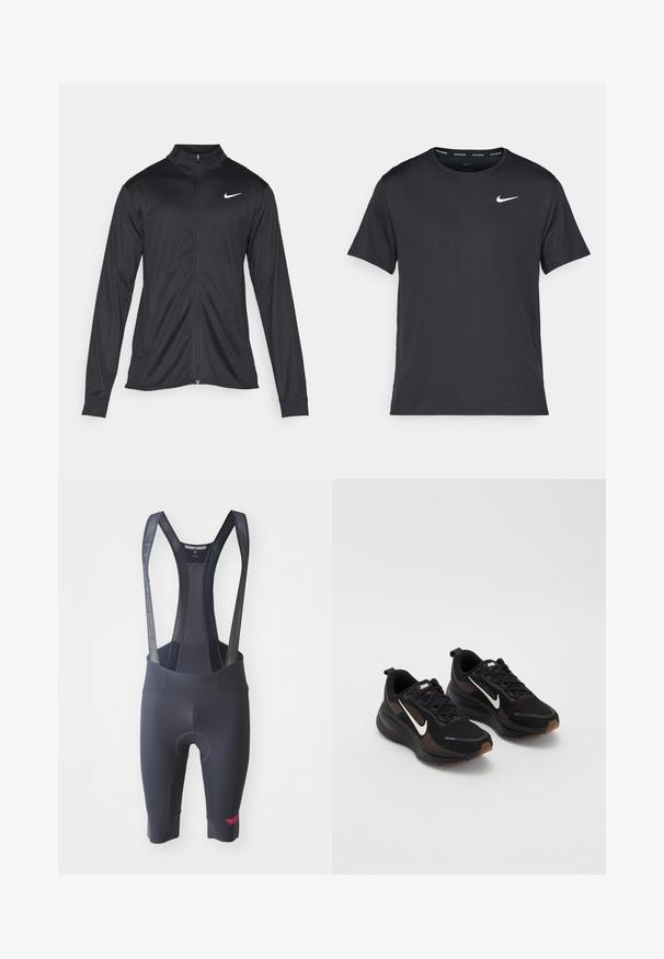 Black athletic jacket with long sleeves, collar, and full zipper. Features a subtle Nike logo in white on the upper left chest. Smooth texture.; Black Nike running T-shirt made of lightweight, breathable material, featuring short sleeves and a small white logo on the chest.; Black cycling bib shorts featuring mesh straps, padded seat for comfort, and a small red logo detail near the hem. Smooth texture.; Black athletic shoes with a breathable mesh upper, white Nike swoosh, textured sole, and contrasting brown accents. Includes reinforced heel.