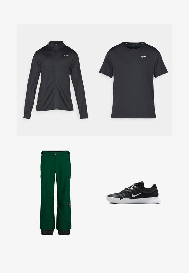 Čierna športová bunda s dlhými rukávmi, golierom a plným zipsom. Obsahuje nenápadné logo Nike v bielej farbe na hornej ľavej hrudi. Hladká textúra.; Čierne bežecké tričko Nike vyrobené z ľahkého a priedušného materiálu, s krátkymi rukávmi a malým bielym logom na hrudi.; Zelené vodotesné zimné nohavice s cargo vreckom, elastickými manžetami a kontrastným čiernym spodným okrajom. Obsahujú zipsy a odolnú tkaninu.; Čierna športová topánka s textúrovaným zvrškom, bielym logom Nike a bielou gumovou podrážkou. Má šnurovací dizajn a dynamický tvar.