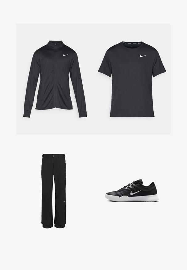 Čierna športová bunda s dlhými rukávmi, golierom a plným zipsom. Obsahuje nenápadné logo Nike v bielej farbe na hornej ľavej hrudi. Hladká textúra.; Čierne bežecké tričko Nike vyrobené z ľahkého a priedušného materiálu, s krátkymi rukávmi a malým bielym logom na hrudi.; Čierne lyžiarske nohavice vyrobené z vodeodolnej látky s uvoľneným strihom. Medzi funkcie patrí zipsovateľné vrecká a nastaviteľné manžety pre bezpečné prispôsobenie.; Čierna športová topánka s textúrovaným zvrškom, bielym logom Nike a bielou gumovou podrážkou. Má šnurovací dizajn a dynamický tvar.