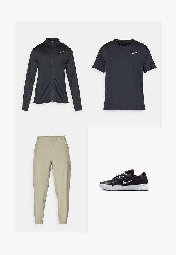 Sort atletisk jakke med lange ærmer, krave og fuld lynlås. Har et diskret Nike-logo i hvidt på den øverste venstre side af brystet. Glat tekstur.; Sort Nike løbe T-shirt lavet af let, åndbart materiale, med korte ærmer og et lille hvidt logo på brystet.; Lys beige joggerbukser med elastisk talje, ribbede ankler og sidelommer. Har et lille hvidt logo foran.; Sort atletiksko med en tekstureret overdel, hvid Nike swoosh og en hvid gummisål. Har en snørret design og dynamisk form.