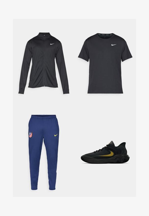Svart idrettsjakke med lange ermer, krage og full glidelås. Har en subtil Nike-logo i hvitt på øvre venstre bryst. Glatt tekstur.; Svart Nike løpe-T-skjorte laget av lett, pustende stoff, med korte ermer og en liten hvit logo på brystet.; Marine treningsbukser laget av lett materiale, med en gul Nike-logo og et klubbemblem med røde og hvite striper. Inkluderer elastisk midjebånd.; Svart og mørkegrå idrettssko med svarte lisser og gull swoosh-logo, med en bølget såle design og polstret hælkollare.