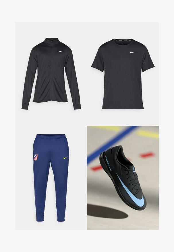Veste de sport noire à manches longues, avec col et fermeture éclair intégrale. Présente un logo Nike subtil en blanc sur le côté supérieur gauche de la poitrine. Texture lisse.; T-shirt de course noir Nike en matériau léger et respirant, avec des manches courtes et un petit logo blanc sur la poitrine.; Pantalons de sport de couleur marine en tissu léger, avec un logo Nike jaune et un emblème de club avec des rayures rouges et blanches. Ceinture élastique incluse.; Chaussure de sport noire avec accents bleus, surface texturée, design à lacets et logo Nike distinctif. Semelle en caoutchouc avec motifs de grip.
