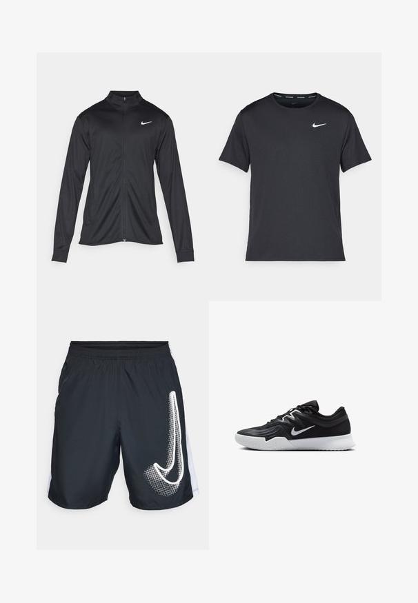 Musta urheilutakki pitkillä hihoilla, kauluksella ja kokonaisella vetoketjulla. Täydentää hienovarainen Nike-logo valkoisena vasemmassa ylärinnassa. Litteä pinta.; Musta Nike juoksupaita, joka on valmistettu kevyestä ja hengittävästä materiaalista. Paidassa on lyhyet hihnat ja pieni valkoinen logo rinnassa.; Mustat urheilushortsit, jotka on valmistettu kevyestä kangasta. Vasemmassa lahkeessa on valkoinen graafinen kuviointi ja valkoiset sivuakkentit. Elastinen vyötärö.; Musta urheilukenkä, jossa on teksturoitu päällinen, valkoinen Nike-tikkaus ja valkoinen kumipohja. Kenkässä on nauhakuji ja dynaaminen muoto.
