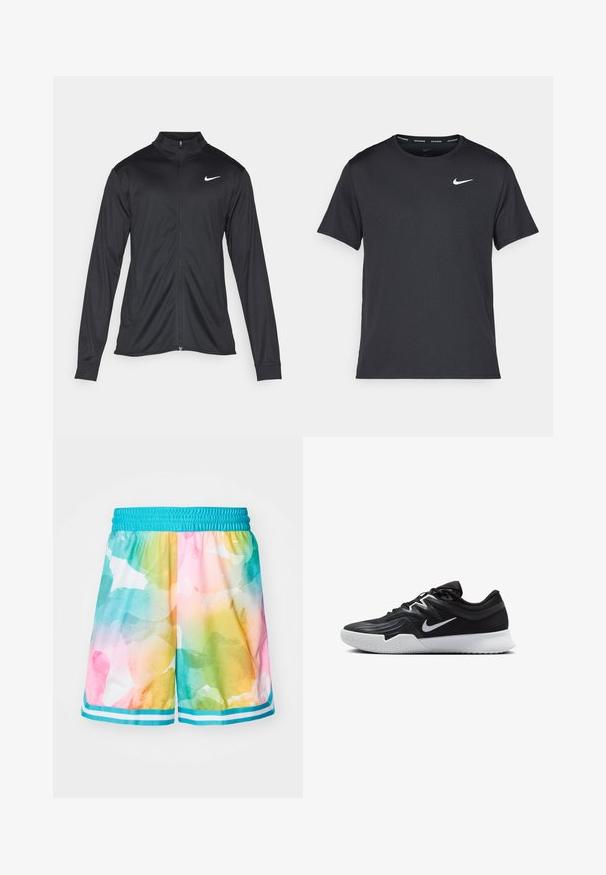 Schwarze Sportjacke mit langen Ärmeln, Kragen und voller Reißverschluss. Verfügt über ein dezentes Nike-Logo in Weiß auf der oberen linken Brust. Glatte Textur.; Schwarzes Nike Lauft-Shirt aus leichtem, atmungsaktivem Material, mit kurzen Ärmeln und einem kleinen weißen Logo auf der Brust.; Farbige Sportshorts mit einem Aquarelldruck in sanften Pastelltönen von Rosa, Grün und Blau, mit einem türkisen elastischen Bund und weißen Streifen.; Schwarzer Sportschuh mit strukturiertem Obermaterial, weißem Nike-Warenzeichen und einer weißen Gummisohle. Verfügt über ein Schnürdesign und eine dynamische Form.