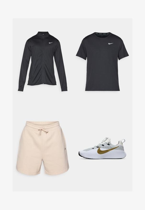 Crna sportska jakna s dugim rukavima, ovratnikom i punim patentnim zatvaračem. Ima suptilan Nike logo u bijeloj boji na gornjem lijevom dijelu prsne oznake. Glatka tekstura.; Crna Nike majica za trčanje napravljena od laganog, prozračnog materijala, s kratkim rukavima i malim bijelim logotipom na prsima.; Bež pamuk kratke hlače s elastičnim pojasom, podesivom vezicom i dva bočna džepa. Imaju mali logo sa strane.; Bijela i siva tenisica za trčanje s teksturiranim gornjim dijelom, velikim zlatnim Nike znakom sa strane, crnim vezicama, bijelim potplatom i petnom trakom.