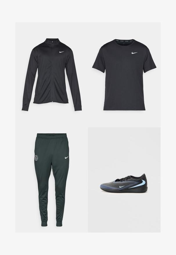 Black athletic jacket with long sleeves, collar, and full zipper. Features a subtle Nike logo in white on the upper left chest. Smooth texture.; Black Nike running T-shirt made of lightweight, breathable material, featuring short sleeves and a small white logo on the chest.; Dark green Nike joggers with elastic waistband and cuffs. Features a Chelsea FC logo on the left leg, and a white Nike swoosh emblem.; Black and blue low-cut athletic shoe with textured surface, black laces, and light blue Nike swoosh logos on side and sole.