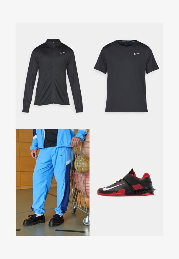 Jacket desportivo preto com mangas longas, colarinho e fecho zip completo. Apresenta um discreto logotipo da Nike em branco na parte superior do lado esquerdo do peito. Textura suave.; T-shirt de corrida Nike preto, feito de material leve e respirável, com mangas curtas e um pequeno logo branco no peito.; Calças desportivas azul claro com riscas laterais azul escuro, punhos elásticos e sapatos pretos com um detalhe de franja. Bolas de desporto empilhadas num carrinho nas proximidades.; Ténis de atletismo em preto e vermelho com um design elegante, parte superior em malha texturizada, sola de borracha resistente e um destaque proeminente com o logótipo branco.
