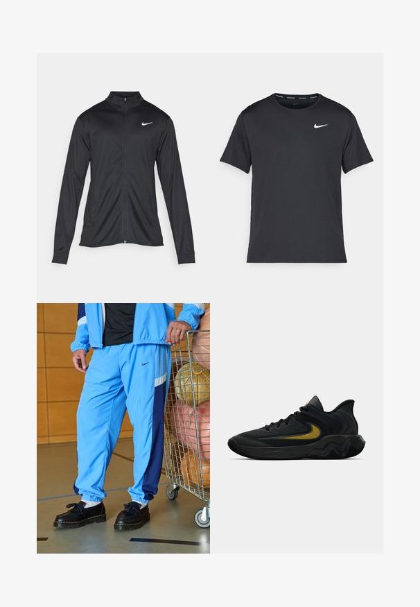 Μαύρο αθλητικό μπουφάν με μακριά μανίκια, γιακά και πλήρη φερμουάρ. Διαθέτει ένα διακριτικό λευκό λογότυπο της Nike στη πάνω αριστερή πλευρά του στήθους. Λείος υφασμάτινος χαρακτήρας.; Μαύρη αθλητική μπλούζα Nike από ελαφρύ, αναπνέον υλικό, με κοντά μανίκια και μικρό λευκό λογότυπο στο στήθος.; Ανοιχτό μπλε αθλητικά παντελόνια με σκούρες μπλε λωρίδες στο πλάι, ελαστικούς καρπούς και μαύρα παπούτσια με λεπτομέρεια από φούντα. Στη γύρω περιοχή, είναι στοιβαγμένα αθλητικά μπάλα σε ένα καρότσι.; Μαύρο και σκούρο γκρίζο αθλητικό παπούτσι με μαύρες κορδόνες και χρυσό λογότυπο σούσι, με κυματιστό σχέδιο σόλας και επενδυμένο κολάρο στον αστράγαλο.