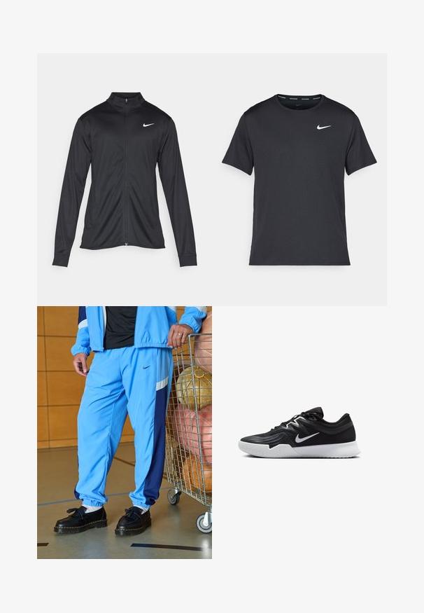 Svart idrettsjakke med lange ermer, krage og full glidelås. Har en subtil Nike-logo i hvitt på øvre venstre bryst. Glatt tekstur.; Svart Nike løpe-T-skjorte laget av lett, pustende stoff, med korte ermer og en liten hvit logo på brystet.; Lyseblå treningsbukser med mørkeblå side striper, elastiske mansjetter og svarte sko med duskdetalj. Stablede sportsballer i en vogn i nærheten.; Svart treningssko med teksturert overdel, hvit Nike-swoosh og hvit gummisåle. Har snøring og en dynamisk form.