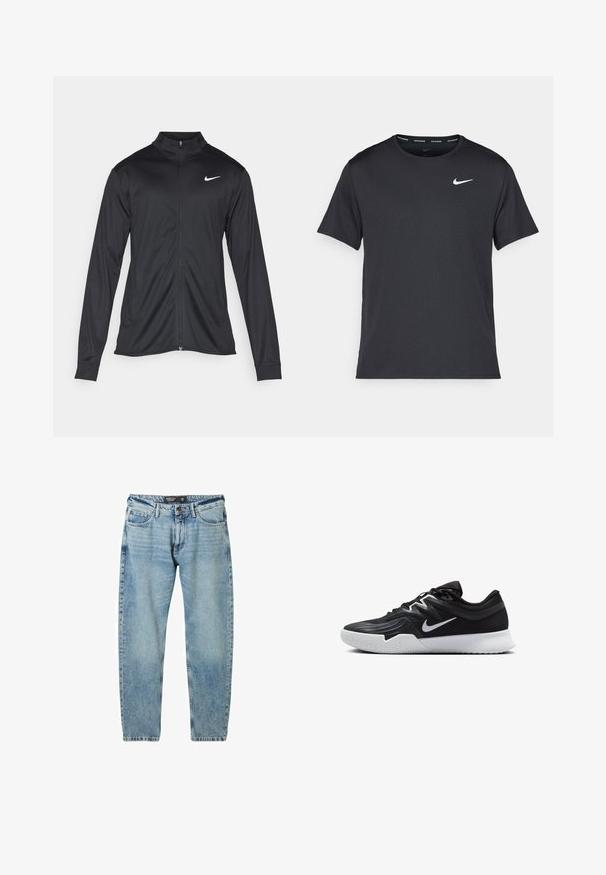 Crna sportska jakna s dugim rukavima, ovratnikom i punim patentnim zatvaračem. Ima suptilan Nike logo u bijeloj boji na gornjem lijevom dijelu prsne oznake. Glatka tekstura.; Crna Nike majica za trčanje napravljena od laganog, prozračnog materijala, s kratkim rukavima i malim bijelim logotipom na prsima.; Svijetloplave traperice s ležernim krojem, dizajnom s pet džepova i kontrastnim šavovima. Imaju kopčanje na gumb i ravni rez.; Crna sportska cipela s teksturiranim gornjim dijelom, bijelim Nike swooshom i bijelim gumennim potplatom. Ima dizajn s vezanjem i dinamičan oblik.