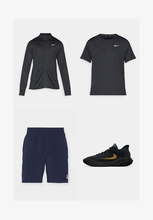 Jacket desportivo preto com mangas longas, colarinho e fecho zip completo. Apresenta um discreto logotipo da Nike em branco na parte superior do lado esquerdo do peito. Textura suave.; T-shirt de corrida Nike preto, feito de material leve e respirável, com mangas curtas e um pequeno logo branco no peito.; Calções atléticos azul-marinho feitos de um tecido respirável, com um cós elástico e um pequeno emblema no lado inferior esquerdo.; Tênis atlético preto e cinza escuro com cadarços pretos e logotipo swoosh dourado, apresentando um design de sola ondulada e colarinho acolchoado no calcanhar.