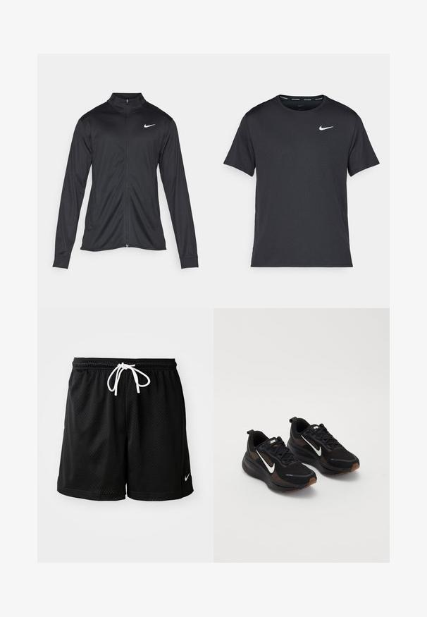 Chaqueta atlética negra con mangas largas, collar y cremallera completa. Presenta un sutil logo de Nike en blanco en la parte superior izquierda del pecho. Textura suave.; Camiseta de running negra de Nike, hecha de material ligero y transpirable, con mangas cortas y un pequeño logo blanco en el pecho.; Pantalones cortos deportivos de malla negros con un cordón blanco, que presentan un pequeño logo blanco de Nike en la parte inferior derecha.; Zapatillas deportivas negras con una parte superior de malla transpirable, logo de Nike en blanco, suela texturizada y acentos marrones contrastantes. Incluye refuerzo en el talón.