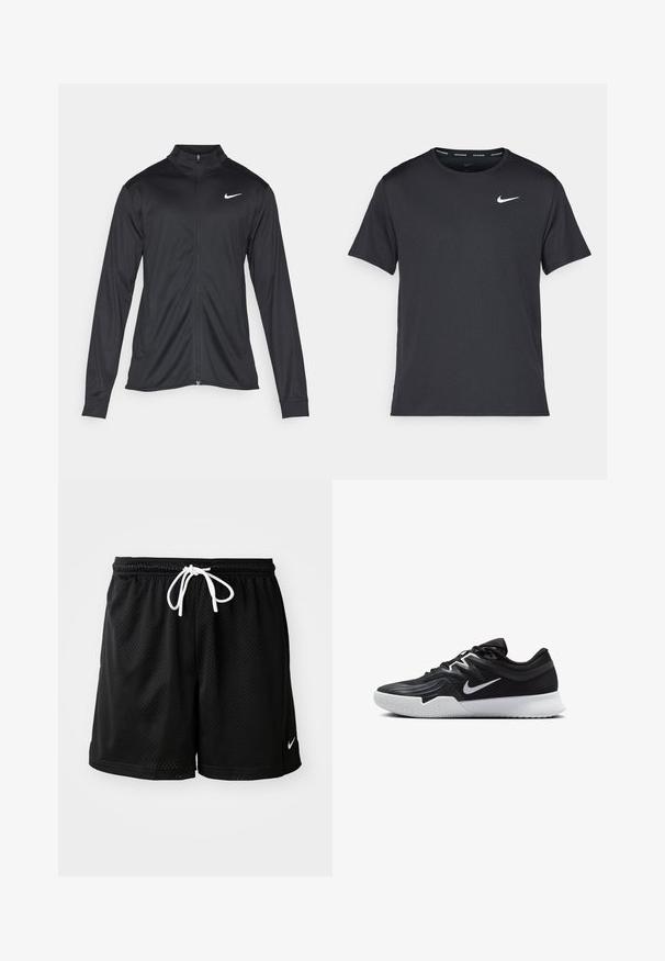 Must värvi sportlik jakk pikkade varrukatega, krae ja täispikk tõmblukk. Ülemises vasakus rinnas on diskreetne valge Nike logo. Sile tekstuur.; Mustamust Nike'i jooksupaita, mis on valmistatud kergest ja hingavast materjalist, lühikeste varrukatega ja mille rinnal on väike valge logo.; Mustad must mesh spordilühikesed püksid valge paelaga, väikese valge Nike logoga alumises paremas nurgas.; Must mustad jalanikesad rikaste ülaservaga, valge Nike swoosh'i ja valge kummist välispõhjaga. Omab paeltega sulgemisdetaili ja dünaamilist kuju.
