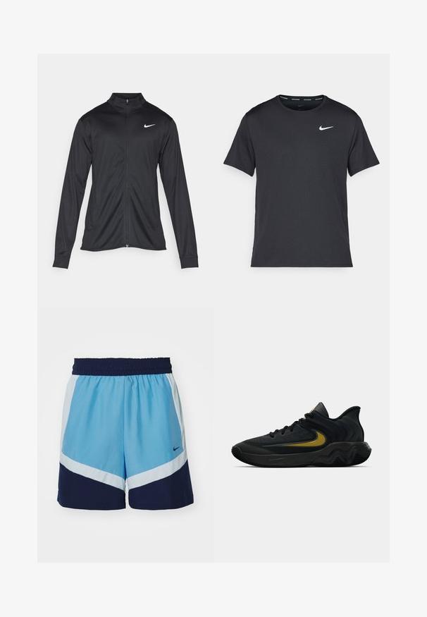 Schwarze Sportjacke mit langen Ärmeln, Kragen und voller Reißverschluss. Verfügt über ein dezentes Nike-Logo in Weiß auf der oberen linken Brust. Glatte Textur.; Schwarzes Nike Lauft-Shirt aus leichtem, atmungsaktivem Material, mit kurzen Ärmeln und einem kleinen weißen Logo auf der Brust.; Blaue und marinefarbene Sportshorts mit einem elastischen Bund und einem diagonalen Farbblockdesign. Mit Nike-Logo in der unteren Ecke.; Schwarzer und dunkelgrauer Sportschuh mit schwarzen Schnürsenkeln und goldenem Swoosh-Logo, ausgestattet mit einem gewellten Sohlen design und gepolstertem Fersenkragen.