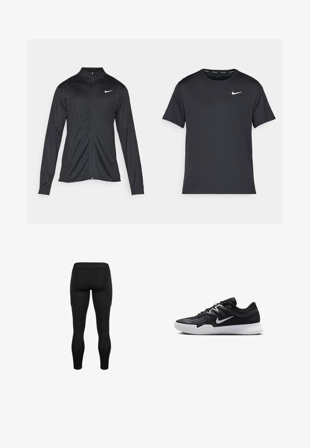 Zwarte sportjack met lange mouwen, kraag en volle rits. Voorzien van een subtiele Nike-logo in het wit op de bovenste linkerborst. Soepele textuur.; Zwarte Nike hardloop T-shirt gemaakt van lichtgewicht, ademend materiaal, met korte mouwen en een klein wit logo op de borst.; Zwarte activewear legging met een gladde, rekbare stof, een aansluitend ontwerp en zijzakken voor opbergruimte.; Zwarte sportieve schoen met een gestructureerde bovenkant, witte Nike swoosh en een witte rubberen zool. Beschikt over een veterontwerp en een dynamische vorm.