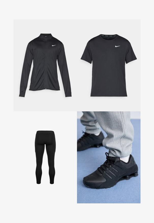 Zwarte sportjack met lange mouwen, kraag en volle rits. Voorzien van een subtiele Nike-logo in het wit op de bovenste linkerborst. Soepele textuur.; Zwarte Nike hardloop T-shirt gemaakt van lichtgewicht, ademend materiaal, met korte mouwen en een klein wit logo op de borst.; Zwarte activewear legging met een gladde, rekbare stof, een aansluitend ontwerp en zijzakken voor opbergruimte.; Persoon in zwarte Nike Shox sneakers en een grijze joggingbroek staand op een lichtblauw tapijt.