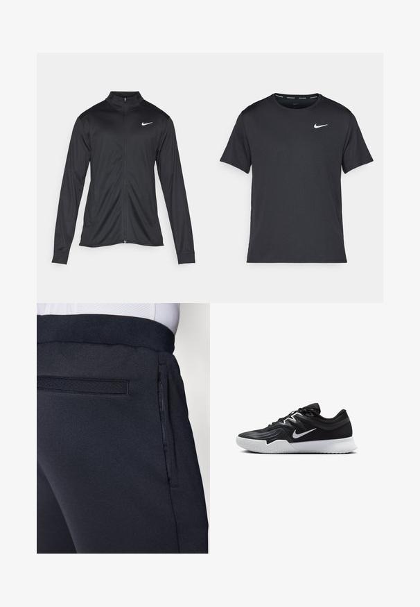 Fekete sportdzseki hosszú ujjal, gallérral és teljes cipzárral. Diszkrét fehér Nike logóval az upper bal mellen. Sima textúra.; Fekete Nike futó póló, könnyű, légáteresztő anyagból készült, rövid ujjú, és a mellkasán egy kicsi fehér logó található.; Sötétkék sportnadrág, puha, texturált anyagból, elasztikus derékrésszel és oldalsó cipzáras zsebbel a kényelem érdekében.; Fekete sportcipő texturált felsőrésszel, fehér Nike logóval és fehér gumitalppal. Fűzős kialakítással és dinamikus formával rendelkezik.