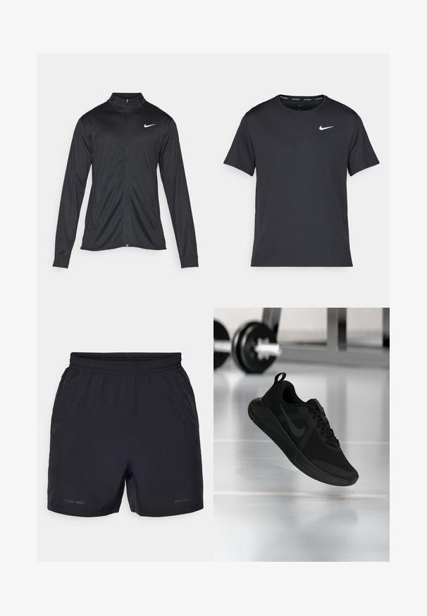 Fekete sportdzseki hosszú ujjal, gallérral és teljes cipzárral. Diszkrét fehér Nike logóval az upper bal mellen. Sima textúra.; Fekete Nike futó póló, könnyű, légáteresztő anyagból készült, rövid ujjú, és a mellkasán egy kicsi fehér logó található.; Fekete sportos rövidnadrág könnyű anyagból, rugalmas derékkal és diszkrét logóval az alján, sima textúrával.; Fekete sportcipő texturált hálós felsőrésszel, gumitalppal és jól látható sötét Swoosh logóval. Párnázott szegéllyel és fűzős kialakítással rendelkezik.