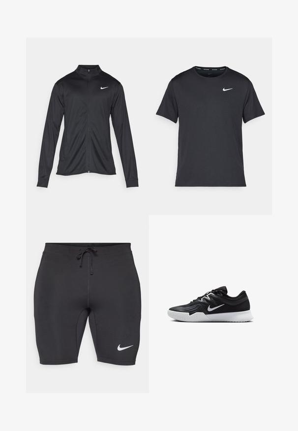 Melna sporta jaka ar garām piedurknēm, apkakli un pilnu rāvējslēdzēju. Uz kreisā krūts augšdaļas ir maigs Nike logo baltā krāsā. Gluda tekstūra.; Melna Nike skriešanas T-kreklā, kas izgatavots no viegla un elpojoša materiāla, ar īsām piedurknēm un mazu baltu logo uz krūtīm.; Melni sporta šorti, kas izgatavoti no elastīga auduma, ar aukliņu viduklī un baltu Nike logo kreisajā apakšējā stūrī.; Melni sporta apavi ar teksturētu virsu, balto Nike zulumu un balto gumijas zoli. Iezīmējas ar auklu pievilkšanas dizainu un dinamisku formu.