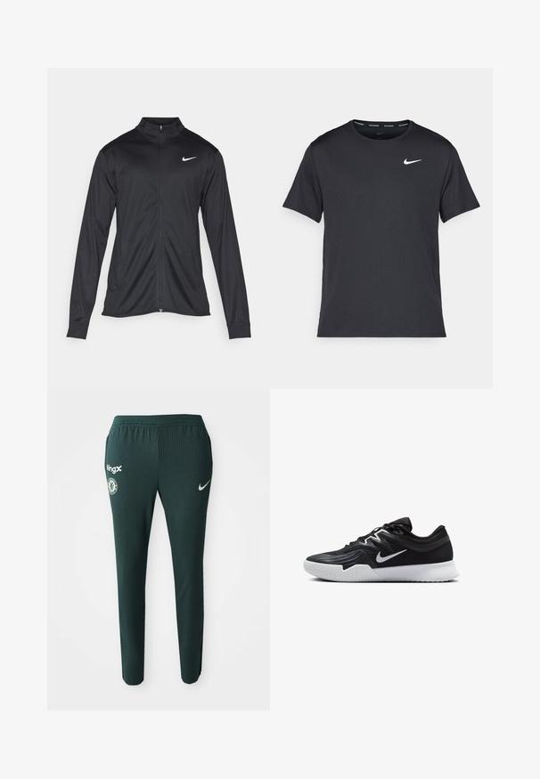Juodas sportinis švarkas su ilgomis rankovėmis, apykakle ir pilnu užtrauktuku. Yra subtilus baltas Nike logotipas kairėje krūtinės pusėje. Lygus tekstūra.; Juodas Nike bėgimo marškinėlis, pagamintas iš lengvos, kvėpuojančios medžiagos, turintis trumpas rankoves ir mažą baltą logotipą ant krūtinės.; Žalios sportinės kelnės iš šonkaulinio audinio, su Nike logotipu, Chelsea FC emblemą ir BingX ženklinimu kairėje pusėje.; Juodos sportinės bateliai su tekstūruota viršutine dalimi, balta Nike swoosh ir balta gumine išorine dalimi. Yra su raištelių užsegimo dizainu ir dinamine forma.