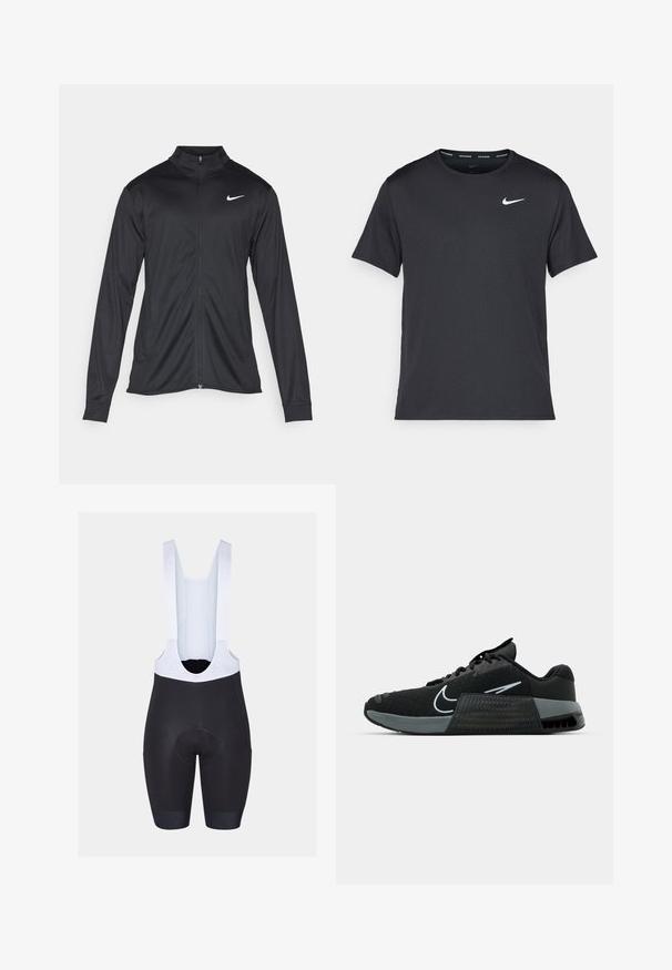 Juodas sportinis švarkas su ilgomis rankovėmis, apykakle ir pilnu užtrauktuku. Yra subtilus baltas Nike logotipas kairėje krūtinės pusėje. Lygus tekstūra.; Juodas Nike bėgimo marškinėlis, pagamintas iš lengvos, kvėpuojančios medžiagos, turintis trumpas rankoves ir mažą baltą logotipą ant krūtinės.; Juodi šortai su baltais petnešomis, turintys paminkštintą sėdynę ir elastingas rankoves. Lygus paviršius su prekės ženklo logotipais ant petnešų.; Juodas sportinis batas su tinklo viršumi, pilkais akcentais ir tekstūruotu viduriniu padais. Yra išsiskiriantis logotipas ir batraiščių dizainas. Guma padais užtikrina sukibimą.