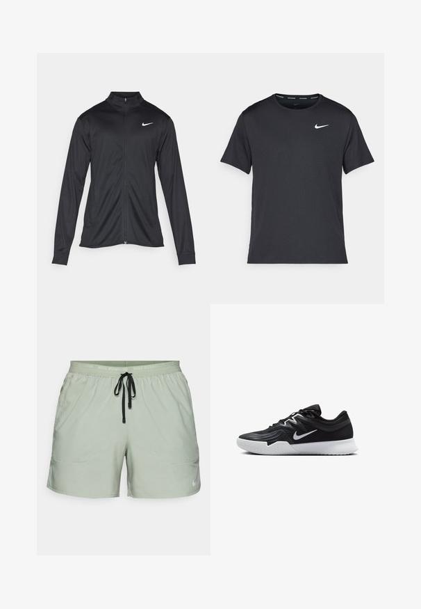 Chaqueta atlética negra con mangas largas, collar y cremallera completa. Presenta un sutil logo de Nike en blanco en la parte superior izquierda del pecho. Textura suave.; Camiseta de running negra de Nike, hecha de material ligero y transpirable, con mangas cortas y un pequeño logo blanco en el pecho.; Nike Performance STRIDE - Pantalón corto de deporte - jade horizon/black/reflective silver; Zapatilla deportiva negra con parte superior texturizada, logo de Nike en blanco y suela de goma blanca. Tiene un diseño con cordones y una forma dinámica.