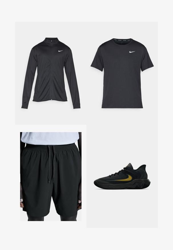Sort atletisk jakke med lange ærmer, krave og fuld lynlås. Har et diskret Nike-logo i hvidt på den øverste venstre side af brystet. Glat tekstur.; Sort Nike løbe T-shirt lavet af let, åndbart materiale, med korte ærmer og et lille hvidt logo på brystet.; Sorte sportsshorts med elastisk talje og snor. Har en glat tekstur og sidelommer, tilpasset til komfort og bevægelighed.; Sort og mørkegrå atletisk sko med sorte snørebånd og guld swoosh-logo, der har et bølget såledesign og polstret hælkant.