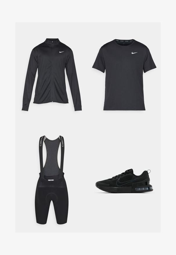 Juodas sportinis švarkas su ilgomis rankovėmis, apykakle ir pilnu užtrauktuku. Yra subtilus baltas Nike logotipas kairėje krūtinės pusėje. Lygus tekstūra.; Juodas Nike bėgimo marškinėlis, pagamintas iš lengvos, kvėpuojančios medžiagos, turintis trumpas rankoves ir mažą baltą logotipą ant krūtinės.; Juodos dviračių bib šortai su tinkliniu nugaros dizainu, turintys reguliuojamus dirželius, paminkštintą sėdynę ir tekstūruotą dizainą, kuris užtikrina ventiliaciją.; Juodas Nike sportinis batas su tinklo viršumi, guminėmis padais, paminkštintu apykakle ir išskirtiniu skaidriu kulno akcentu.