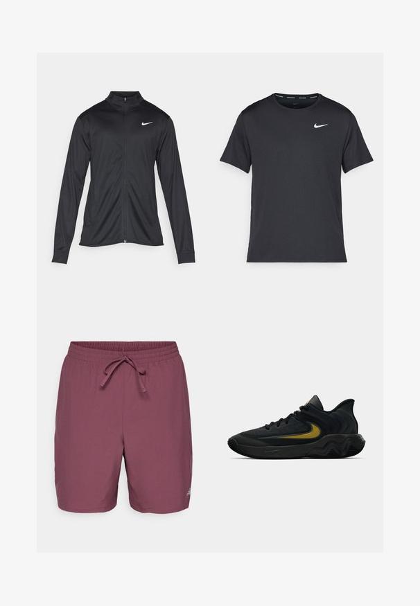 Juodas sportinis švarkas su ilgomis rankovėmis, apykakle ir pilnu užtrauktuku. Yra subtilus baltas Nike logotipas kairėje krūtinės pusėje. Lygus tekstūra.; Juodas Nike bėgimo marškinėlis, pagamintas iš lengvos, kvėpuojančios medžiagos, turintis trumpas rankoves ir mažą baltą logotipą ant krūtinės.; Tamsiai raudoni maudymosi šortai pagaminti iš lengvos medžiagos, su elastinga juosmens juosta ir raišteliu. Maža logotipo detalė apatiniame šone.; Juodos ir tamsiai pilkos sportinės bateliai su juodais raišteliais ir auksiniu šypsenėlių logotipu, turintys bangos formos pado dizainą ir paminkštintą kulkšnies apykaklę.