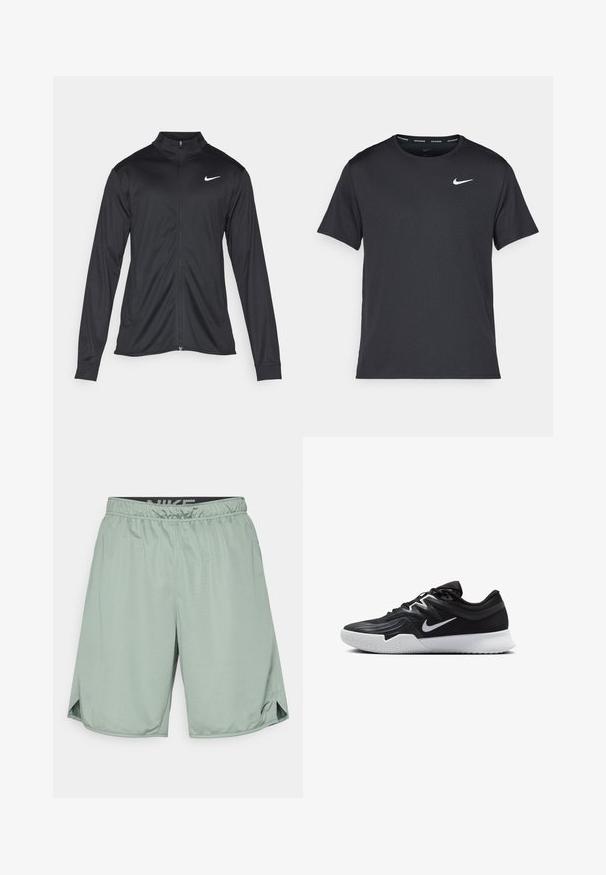 Chaqueta atlética negra con mangas largas, collar y cremallera completa. Presenta un sutil logo de Nike en blanco en la parte superior izquierda del pecho. Textura suave.; Camiseta de running negra de Nike, hecha de material ligero y transpirable, con mangas cortas y un pequeño logo blanco en el pecho.; Pantalones cortos deportivos verdes con una cinturilla elástica que presenta un logo negro de Nike. Hechos de material ligero, tienen aberturas laterales para mayor movilidad.; Zapatilla deportiva negra con parte superior texturizada, logo de Nike en blanco y suela de goma blanca. Tiene un diseño con cordones y una forma dinámica.