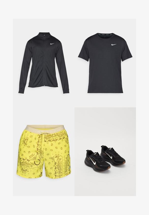 Svart idrettsjakke med lange ermer, krage og full glidelås. Har en subtil Nike-logo i hvitt på øvre venstre bryst. Glatt tekstur.; Svart Nike løpe-T-skjorte laget av lett, pustende stoff, med korte ermer og en liten hvit logo på brystet.; Lyse gule shorts med et paisley-mønster i brunt. Elastisk midjebånd med "NIKE TRAIL" trykt. Snøre for justering.; Sorte treningssko med puste mesh-overdel, hvit Nike swoosh, teksturert såle og kontrastfargede brune detaljer. Inkluderer forsterket hæl.