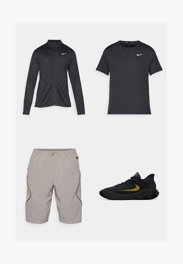 Črna atletska jakna z dolgimi rokavi, ovratnikom in polnim zadrgo. Vključuje diskreten bel Nike logotip na zgornjem levem delu prsnega koša. Gladka tekstura.; Črna tekaška majica Nike, izdelana iz lahkega in zračnega materiala, z kratkimi rokavi in majhnim belim logotipom na prsih.; Bež kratke hlače z teksturiranim vzorcem, elastičnim pasom, vrvico in stranskimi poudarki. Imajo mrežaste panele za zračnost.; Črne in temno sivo športne čevlje z črnimi vezalkami in zlatim logotipom v obliki kljukice, ki imajo valovito oblikovan podplat in oblazinjen zgornji del pete.