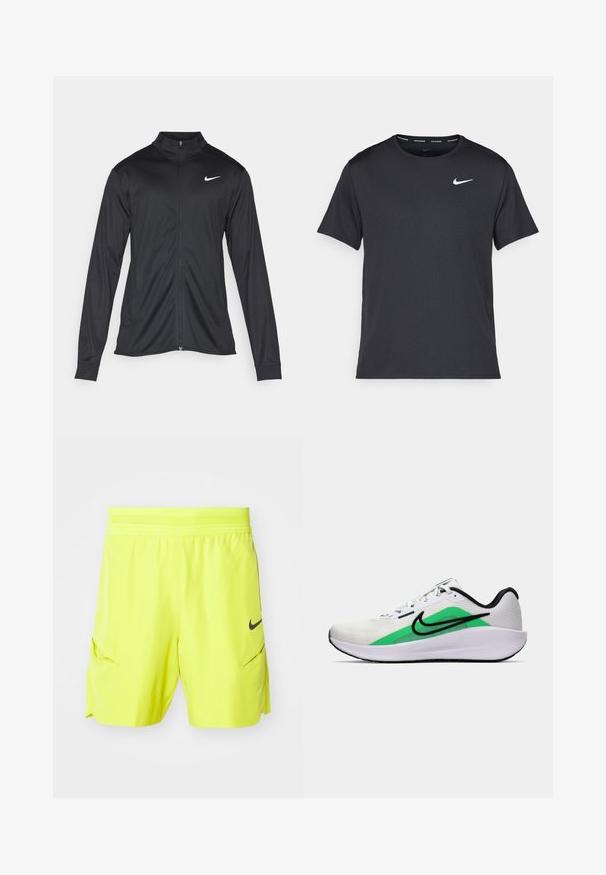 Juodas sportinis švarkas su ilgomis rankovėmis, apykakle ir pilnu užtrauktuku. Yra subtilus baltas Nike logotipas kairėje krūtinės pusėje. Lygus tekstūra.; Juodas Nike bėgimo marškinėlis, pagamintas iš lengvos, kvėpuojančios medžiagos, turintis trumpas rankoves ir mažą baltą logotipą ant krūtinės.; Neon geltonos sportinės šortai su lanksčiu juosmeniu, dviem šoniniais kišenėmis ir juodu Nike logotipu kairėje apačioje.; Balti sportiniai batai su žalia akcentu, juodu logotipu, tinklinė viršutinė dalis, paminkštintas padas ir suapvalintas kulnas. Yra raišteliai ir kontrastingos detalės.