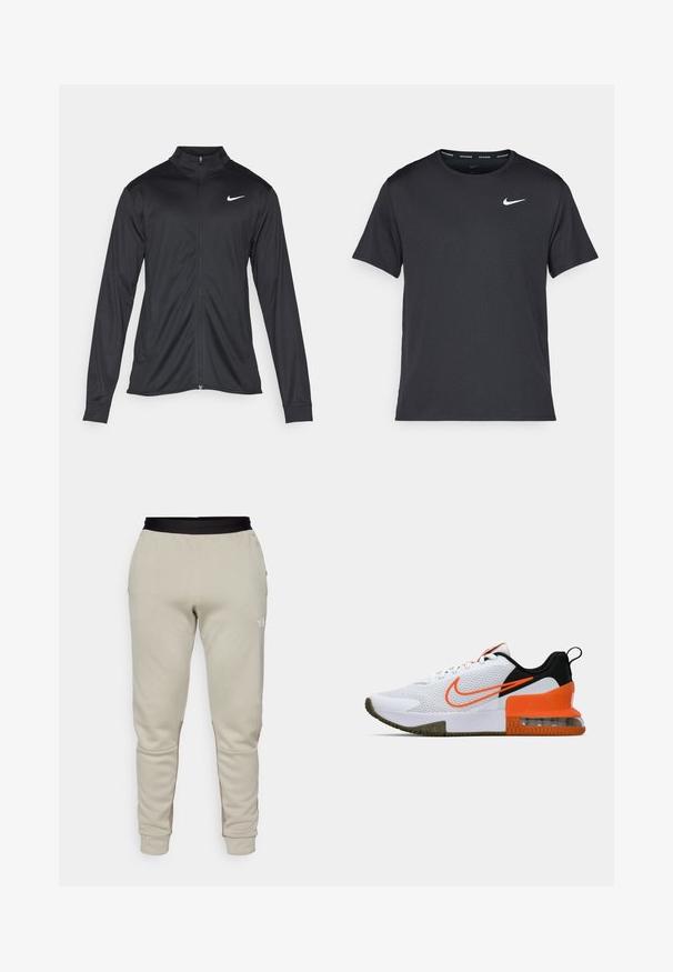 Čierna športová bunda s dlhými rukávmi, golierom a plným zipsom. Obsahuje nenápadné logo Nike v bielej farbe na hornej ľavej hrudi. Hladká textúra.; Čierne bežecké tričko Nike vyrobené z ľahkého a priedušného materiálu, s krátkymi rukávmi a malým bielym logom na hrudi.; The North Face PANT - Tepláky - clay grey/cavern grey; Biele športové topánky s textúrovaným sieťovaným zvrškom, čiernymi a oranžovými akcentmi, hrubou gumovou podrážkou a priesvitnou vzduchovou vankúšikovou časťou na päte.