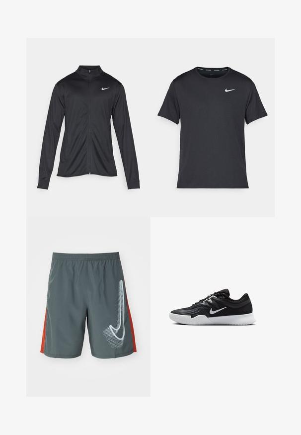 Jacket desportivo preto com mangas longas, colarinho e fecho zip completo. Apresenta um discreto logotipo da Nike em branco na parte superior do lado esquerdo do peito. Textura suave.; T-shirt de corrida Nike preto, feito de material leve e respirável, com mangas curtas e um pequeno logo branco no peito.; Nike Performance SHORT - Calções desportivos - iron grey/dragon red/pure platinum; Sapatilha atlética preta com um cabedal texturizado, swoosh branco da Nike e uma sola de borracha branca. Apresenta um design com atacadores e uma forma dinâmica.
