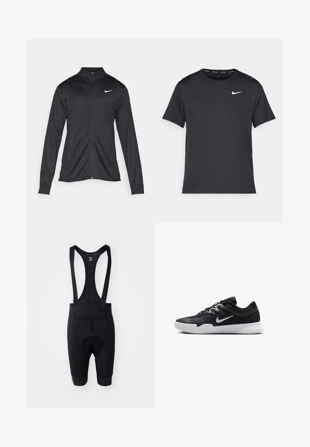 Melna sporta jaka ar garām piedurknēm, apkakli un pilnu rāvējslēdzēju. Uz kreisā krūts augšdaļas ir maigs Nike logo baltā krāsā. Gluda tekstūra.; Melna Nike skriešanas T-kreklā, kas izgatavots no viegla un elpojoša materiāla, ar īsām piedurknēm un mazu baltu logo uz krūtīm.; Melni velosipēdu bikses ar siksnām, kurām ir mīksts chamois ieliktnis, gluda tekstūra un elastīgas kājas ar silikona siksnām.; Melni sporta apavi ar teksturētu virsu, balto Nike zulumu un balto gumijas zoli. Iezīmējas ar auklu pievilkšanas dizainu un dinamisku formu.