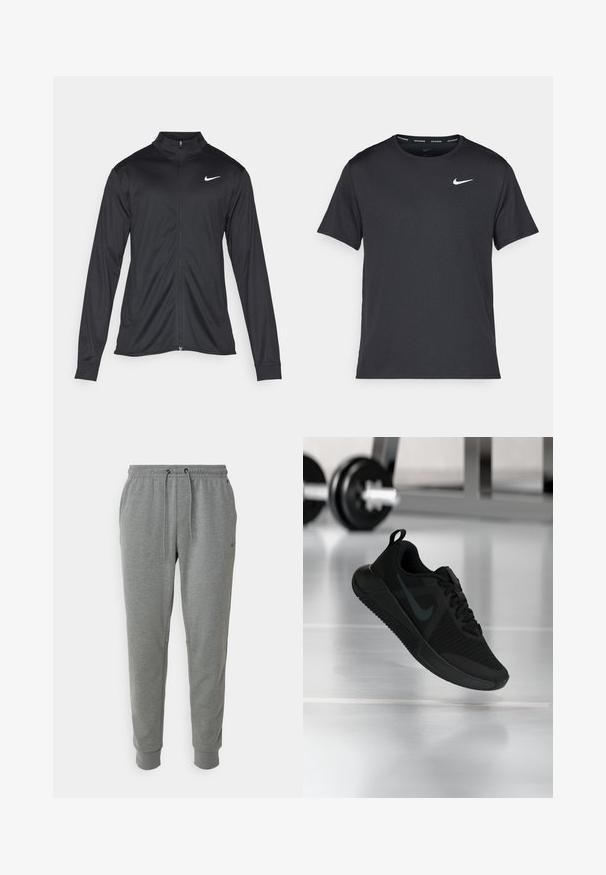 Jacket desportivo preto com mangas longas, colarinho e fecho zip completo. Apresenta um discreto logotipo da Nike em branco na parte superior do lado esquerdo do peito. Textura suave.; T-shirt de corrida Nike preto, feito de material leve e respirável, com mangas curtas e um pequeno logo branco no peito.; Calças de treino cinzentas com cintura elástica e cordão. Punhos nos tornozelos. Textura lisa com bolsos laterais e pequeno detalhe de logo.; Ténis desportivo preto com parte superior em malha texturizada, sola de borracha e um destacado logótipo swoosh escuro. Apresenta uma gola acolchoada e design com atacadores.