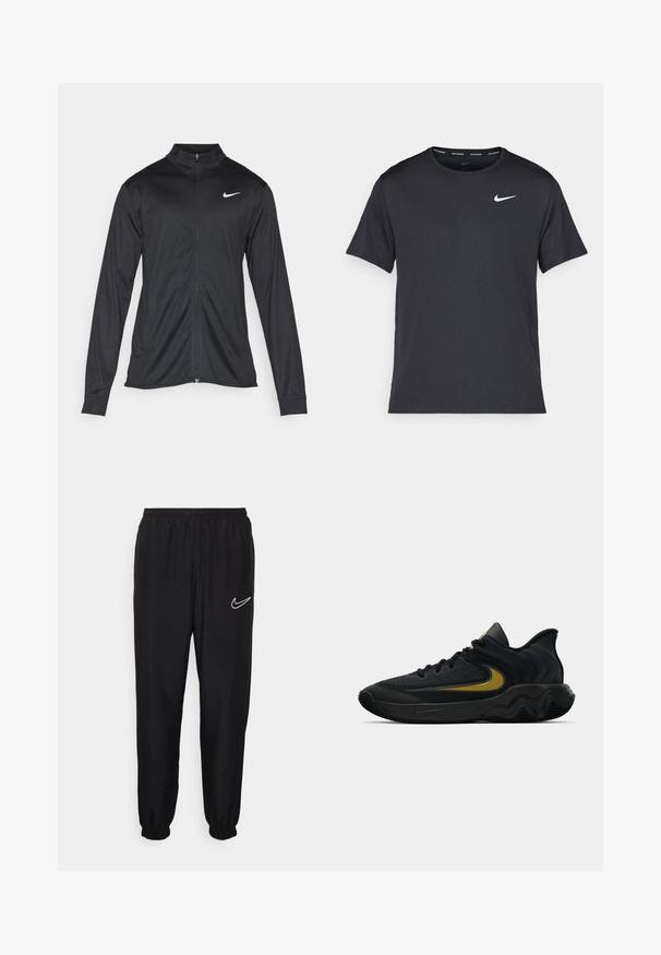 Jacket desportivo preto com mangas longas, colarinho e fecho zip completo. Apresenta um discreto logotipo da Nike em branco na parte superior do lado esquerdo do peito. Textura suave.; T-shirt de corrida Nike preto, feito de material leve e respirável, com mangas curtas e um pequeno logo branco no peito.; Calças atléticas pretas com cintura elástica e punhos. Apresenta um logótipo da Nike branco no lado esquerdo. Feitas de um material liso e leve.; Tênis atlético preto e cinza escuro com cadarços pretos e logotipo swoosh dourado, apresentando um design de sola ondulada e colarinho acolchoado no calcanhar.
