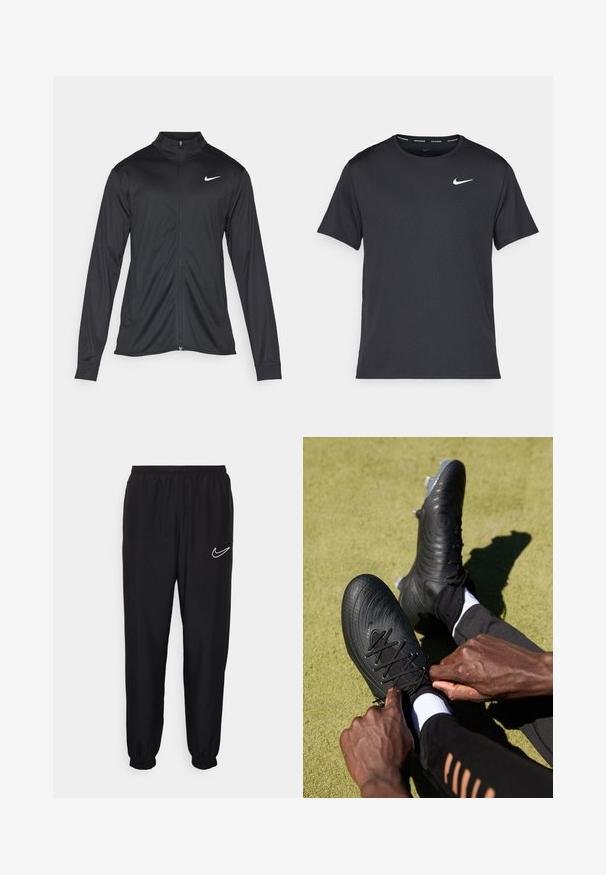 Fekete sportdzseki hosszú ujjal, gallérral és teljes cipzárral. Diszkrét fehér Nike logóval az upper bal mellen. Sima textúra.; Fekete Nike futó póló, könnyű, légáteresztő anyagból készült, rövid ujjú, és a mellkasán egy kicsi fehér logó található.; Fekete sportnadrág elasztikus derékkal és alsó szegéllyel. A bal oldalon fehér Nike logóval rendelkezik. Simább, könnyű anyagból készült.; Fekete focicipők, textúrált felsőrésszel és fekete fűzőkkel, amelyeket kezek húznak meg. Zöld háttéren, fekete sportöltözetben, fehér zoknikkal.