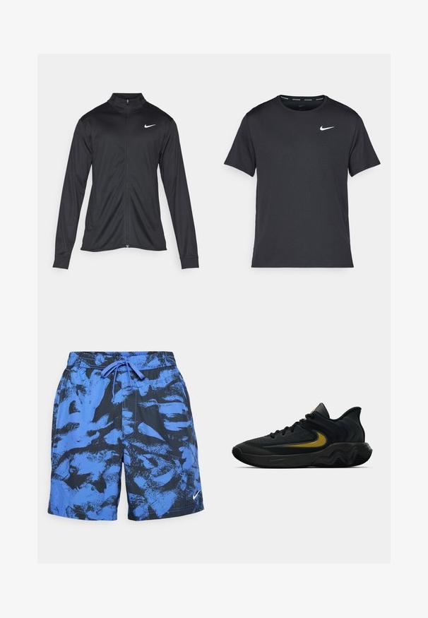 Black athletic jacket with long sleeves, collar, and full zipper. Features a subtle Nike logo in white on the upper left chest. Smooth texture.; Black Nike running T-shirt made of lightweight, breathable material, featuring short sleeves and a small white logo on the chest.; Blue and black patterned swim shorts with an elastic waistband and drawstring. Features a Nike logo on the lower right side.; Black and dark gray athletic shoe with black laces and gold swoosh logo, featuring a wavy sole design and padded heel collar.
