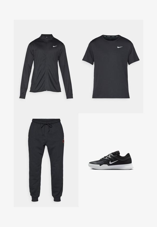Black athletic jacket with long sleeves, collar, and full zipper. Features a subtle Nike logo in white on the upper left chest. Smooth texture.; Black Nike running T-shirt made of lightweight, breathable material, featuring short sleeves and a small white logo on the chest.; Black jogger pants with elastic waistband and ankle cuffs, drawstring at waist, and small red and yellow logo on upper thigh.; Black athletic shoe with a textured upper, white Nike swoosh, and a white rubber outsole. Features a lace-up design and dynamic shape.