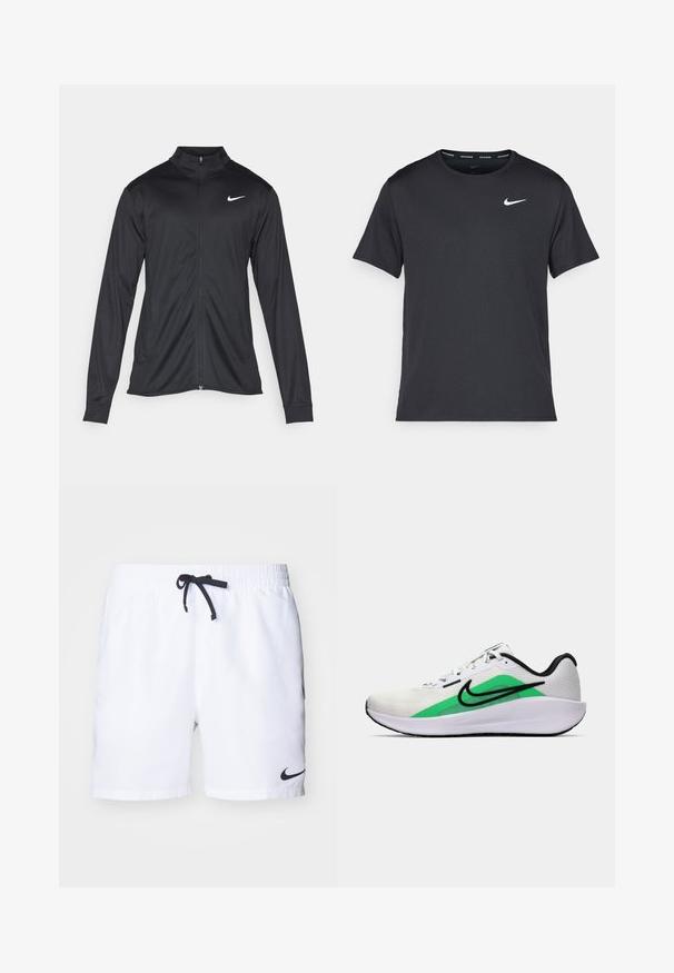 Melna sporta jaka ar garām piedurknēm, apkakli un pilnu rāvējslēdzēju. Uz kreisā krūts augšdaļas ir maigs Nike logo baltā krāsā. Gluda tekstūra.; Melna Nike skriešanas T-kreklā, kas izgatavots no viegla un elpojoša materiāla, ar īsām piedurknēm un mazu baltu logo uz krūtīm.; Beli sporta šorti ar elastīgu jostasvietu, melnu stīgu un melnu Nike logotipu apakšējā pusē. Gluda, viegla auduma.; Balta sporta apava ar zaļu akcentu, melnu logo, sietiņu augšu, mīkstu zoli un noapaļotu papēdi. Iekļauj lences un kontrastējošas detaļas.