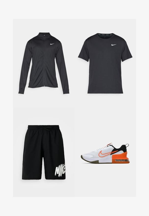 Musta urheilutakki pitkillä hihoilla, kauluksella ja kokonaisella vetoketjulla. Täydentää hienovarainen Nike-logo valkoisena vasemmassa ylärinnassa. Litteä pinta.; Musta Nike juoksupaita, joka on valmistettu kevyestä ja hengittävästä materiaalista. Paidassa on lyhyet hihnat ja pieni valkoinen logo rinnassa.; Mustat polvimittaiset shortsit, joissa on joustava vyötärö ja solmimisnauha, varustettuna rohkealla valkoisella Nike-logolla vasemmassa alareunassa.; Valkoinen urheilukenkä, jossa on ristikkopintainen yläosa, mustia ja oransseja yksityiskohtia, paksu kumipohja ja selkeä ilmatyynyosa kantapäässä.