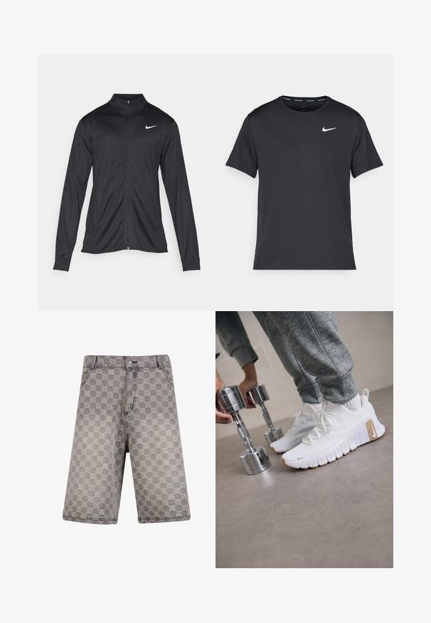 Giacca sportiva nera con maniche lunghe, colletto e zip completa. Presenta un logo Nike in bianco sulla parte superiore del lato sinistro del petto. Tessuto morbido.; Maglietta da corsa Nike nera realizzata in materiale leggero e traspirante, con maniche corte e un piccolo logo bianco sul petto.; Shorts in denim grigio con un motivo circolare, dotati di un tradizionale design a cinque tasche e accenti di cucitura visibili.; Scarpe da ginnastica bianche con tomaia texturizzata, suola in gomma piatta e dettagli marrone chiaro. Manubri argentati in primo piano. Pantaloni sportivi grigi visibili.