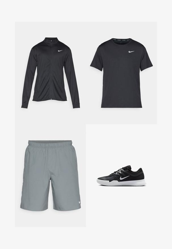Fekete sportdzseki hosszú ujjal, gallérral és teljes cipzárral. Diszkrét fehér Nike logóval az upper bal mellen. Sima textúra.; Fekete Nike futó póló, könnyű, légáteresztő anyagból készült, rövid ujjú, és a mellkasán egy kicsi fehér logó található.; Szürke sportnadrág elasztikus derékkal, oldalsó zsebekkel és egy kis fehér logóval az alsó jobb oldalon. Sima felület.; Fekete sportcipő texturált felsőrésszel, fehér Nike logóval és fehér gumitalppal. Fűzős kialakítással és dinamikus formával rendelkezik.