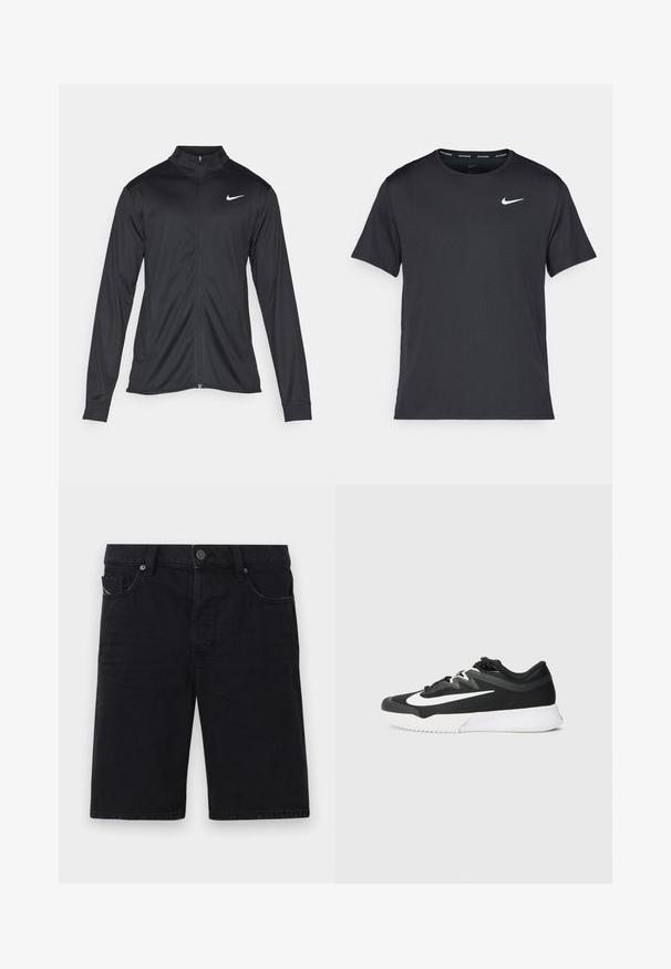 Svart idrettsjakke med lange ermer, krage og full glidelås. Har en subtil Nike-logo i hvitt på øvre venstre bryst. Glatt tekstur.; Svart Nike løpe-T-skjorte laget av lett, pustende stoff, med korte ermer og en liten hvit logo på brystet.; Svarte denimshorts med rett snitt, fem lommer, metall detaljer og synlig søm. Myk tekstur og enkelt design.; Svart treningssko med teksturert overdel, hvit swoosh-logo, snøring, og gummisåle med mønstrete slitbane.