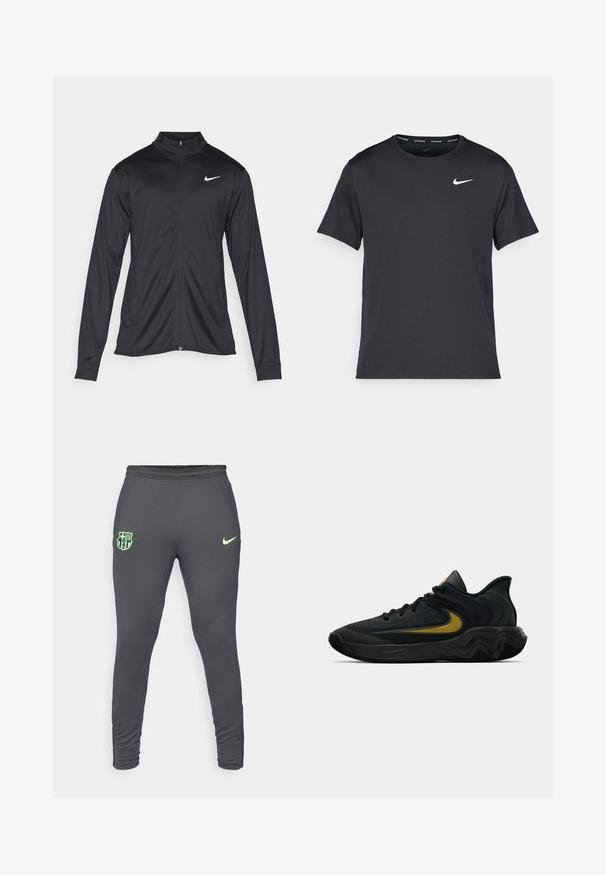 Czarna sportowa kurtka z długimi rękawami, kołnierzem i pełnym zamkiem. Posiada subtelne logo Nike w białym kolorze na lewej górnej części klatki piersiowej. Gładka tekstura.; Czarna koszulka do biegania Nike z lekkiego, oddychającego materiału, z krótkimi rękawami i małym białym logo na piersi.; Szare dresowe spodnie sportowe o dopasowanym kroju, z limonkowym logo Nike oraz herb klubu Barcelona na lewej udzie. Elastyczna tkanina.; Czarne i ciemnoszare buty sportowe z czarnymi sznurowadłami i złotym logo w kształcie paska, z falistym wzorem podeszwy i wyściełanym kołnierzem pięty.