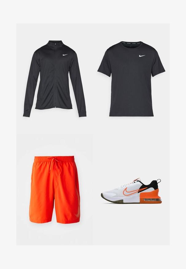 Zwarte sportjack met lange mouwen, kraag en volle rits. Voorzien van een subtiele Nike-logo in het wit op de bovenste linkerborst. Soepele textuur.; Zwarte Nike hardloop T-shirt gemaakt van lichtgewicht, ademend materiaal, met korte mouwen en een klein wit logo op de borst.; Heldere oranje zwemshorts van lichtgewicht stof, met een elastische tailleband met trekkoord en zijzakken.; Witte sportieve schoen met een gestructureerde mesh bovenkant, zwarte en oranje accenten, een dikke rubberen zool en een doorzichtige luchtkussensectie bij de hak.